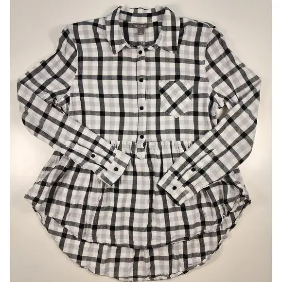 Falls Creek Plaid Peplum Button Front Blouse Black White M - Picture 2 of 9